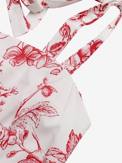 Women's White Red Floral Print Maxi Dress Square Neck Tie Strap Tiered Flowy Summer Beach Dress