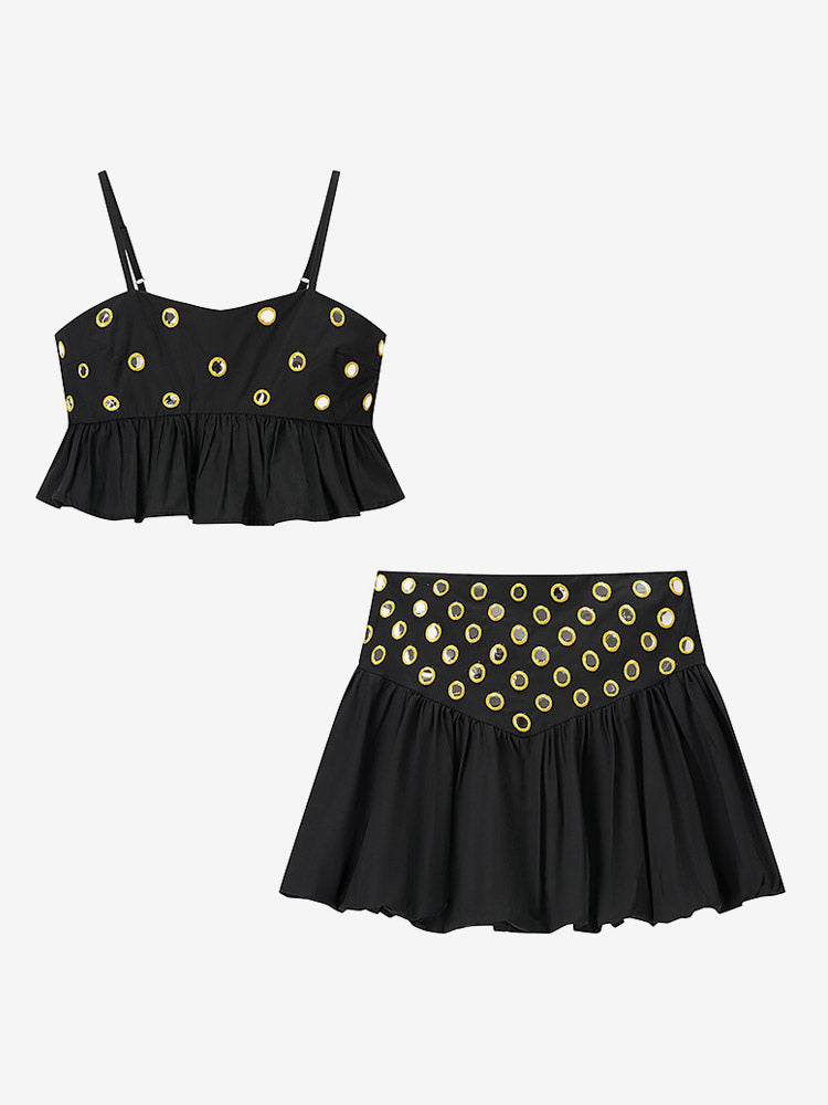 2-Piece Sets Skirt Set Yellow Elegant Straps Neck Pleated Sleeveless Sets