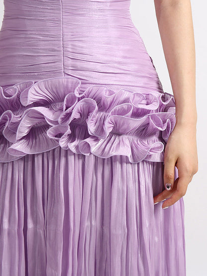 Lilac Strapless Ruched Waist Maxi Dresses For Women