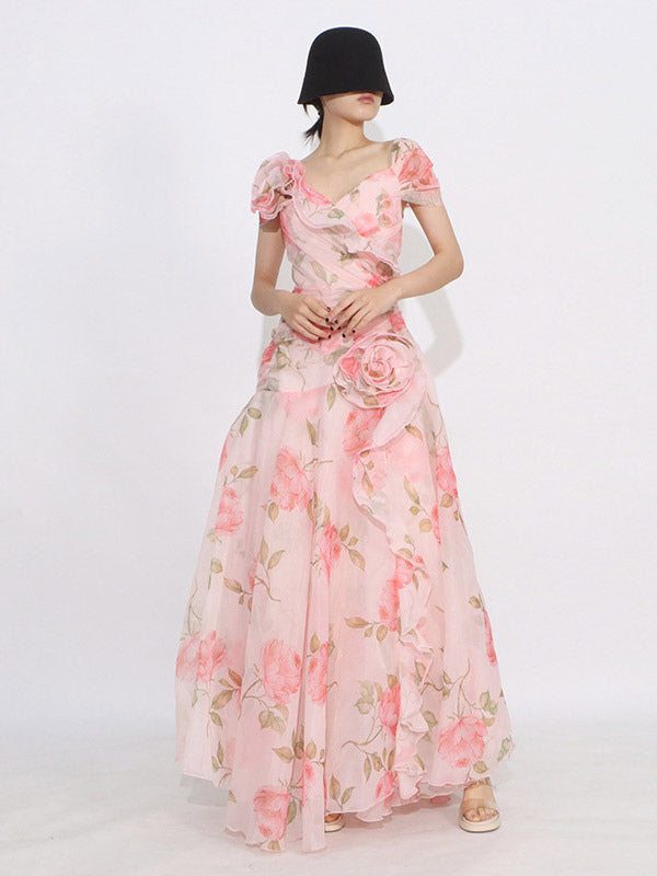Flattering Pink Rose Patterned Maxi Gown With Asymmetrical Hem