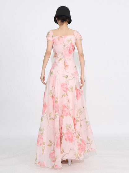 Flattering Pink Rose Patterned Maxi Gown With Asymmetrical Hem