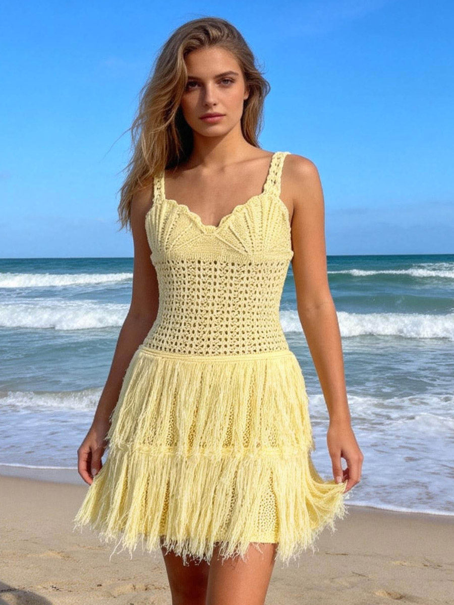 Creamy Yellow Crochet Fringe Cami Mini Dress For Women Boho Beach Style