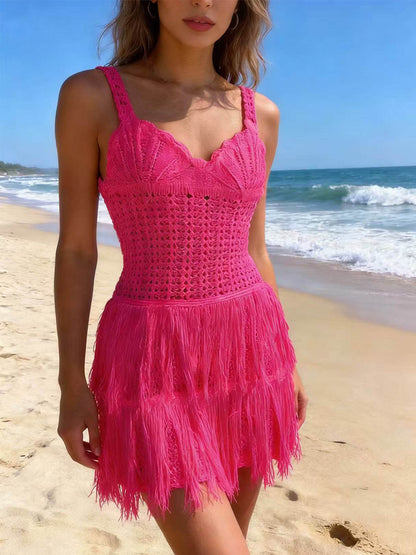 Creamy Yellow Crochet Fringe Cami Mini Dress For Women Boho Beach Style