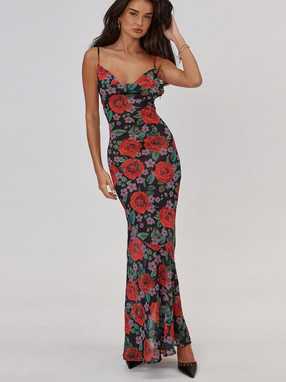 Red Rose Print Spaghetti Strap Maxi Dress For Women Romantic Style
