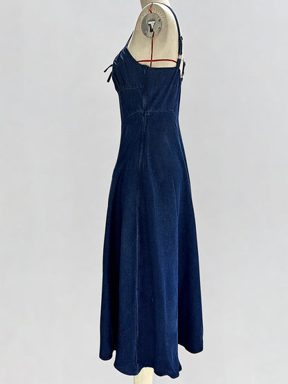 Navy Blue Square Neck Spaghetti Strap Midi Dress For Women Classic Elegance