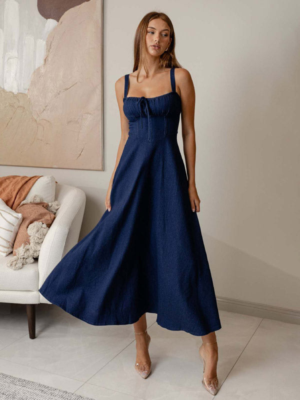 Navy Blue Square Neck Spaghetti Strap Midi Dress For Women Classic Elegance