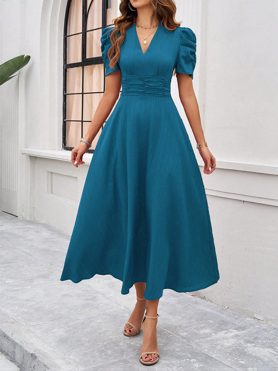 Burgundy Puff Sleeve V Neck Midi Dress For Women Elegant Chic