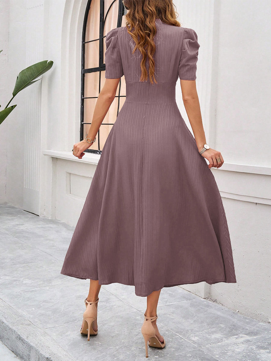 Burgundy Puff Sleeve V Neck Midi Dress For Women Elegant Chic