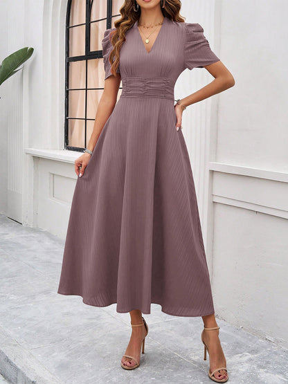 Burgundy Puff Sleeve V Neck Midi Dress For Women Elegant Chic