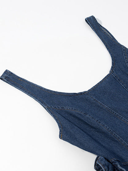 Navy Blue Sleeveless Denim Mini Dress With Ruffle Hem For Women