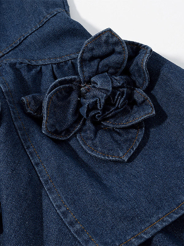Navy Blue Sleeveless Denim Mini Dress With Ruffle Hem For Women