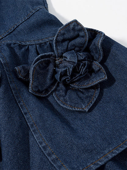 Navy Blue Sleeveless Denim Mini Dress With Ruffle Hem For Women