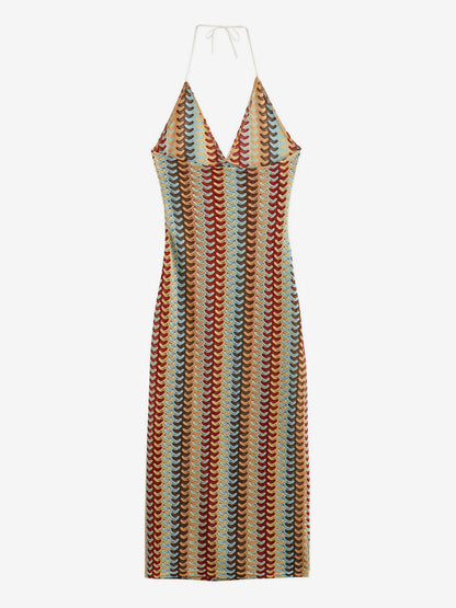 Color Block Crochet Halter Neck Midi Dress For Women Boho Chic