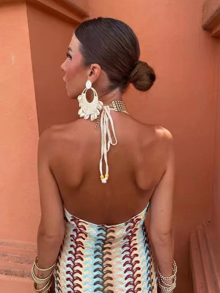 Color Block Crochet Halter Neck Midi Dress For Women Boho Chic