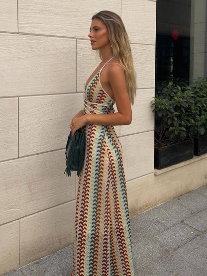 Color Block Crochet Halter Neck Midi Dress For Women Boho Chic