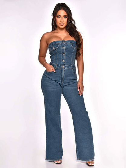 Jumpsuits Blue Strapless Sleeveless Denim Flared Summer One Piece Outfit