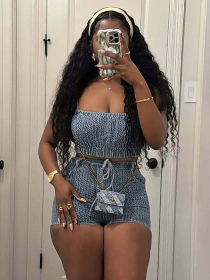 2-Piece Sets Pant Set Blue Sexy Street Wear Denim Straps Neck Sleeveless Sets