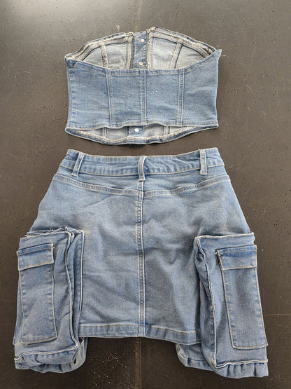 2-Piece Sets Skirt Set Light Sky Blue Sexy Street Wear Strapless Summer Sets