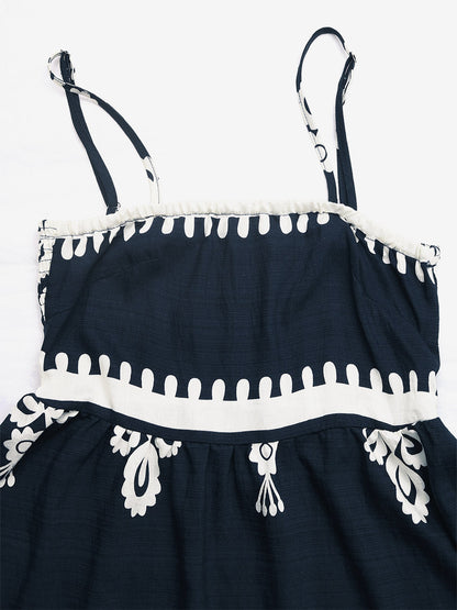 Women's Navy Blue White Print Spaghetti Strap Mini Dress Sleeveless A Line Summer Beach Dress