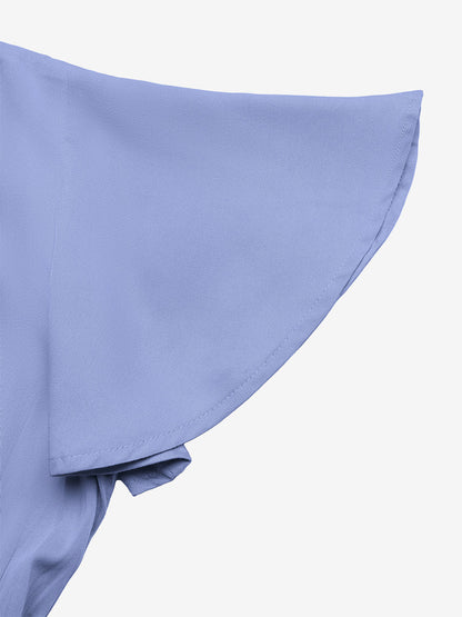 Women's Light Blue V Neck Lace Trim Maxi Dress Short Sleeve Tiered Flowy Casual Summer Dress
