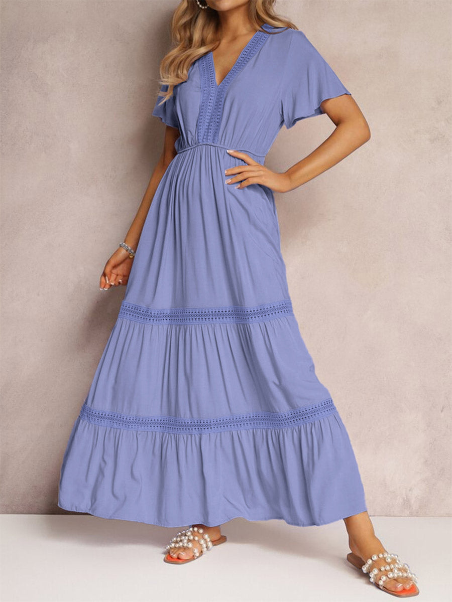 Women's Light Blue V Neck Lace Trim Maxi Dress Short Sleeve Tiered Flowy Casual Summer Dress
