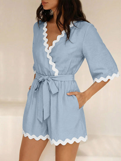Jumpsuits Blue V-Neck Half Sleeves Strapless Viscose Straight Summer Playsuit