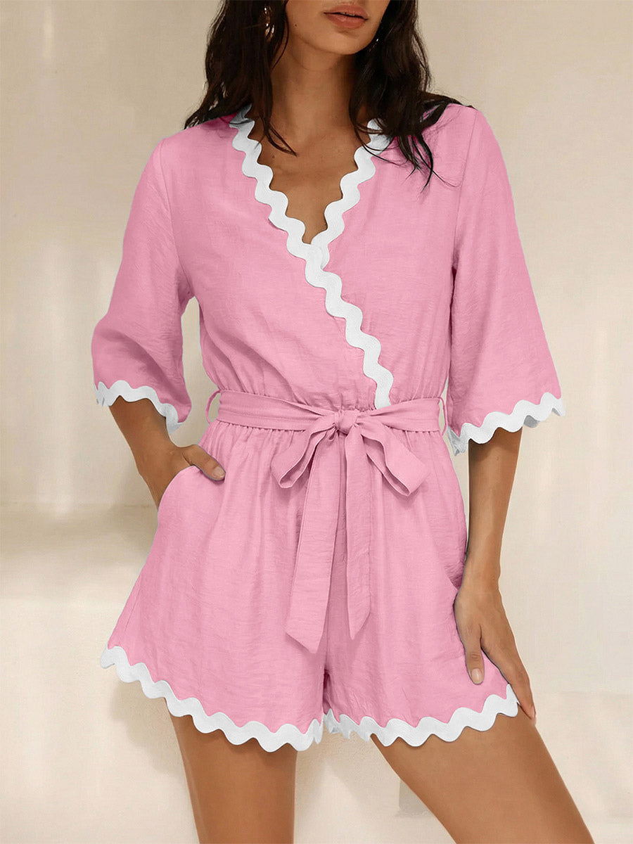 Jumpsuits Blue V-Neck Half Sleeves Strapless Viscose Straight Summer Playsuit