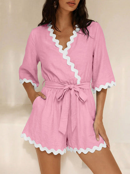 Jumpsuits Blue V-Neck Half Sleeves Strapless Viscose Straight Summer Playsuit