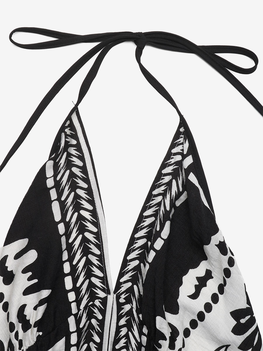 Women's Black White Tropical Print Halter Maxi Dress V Neck Sleeveless Flowy Summer Beach Dress