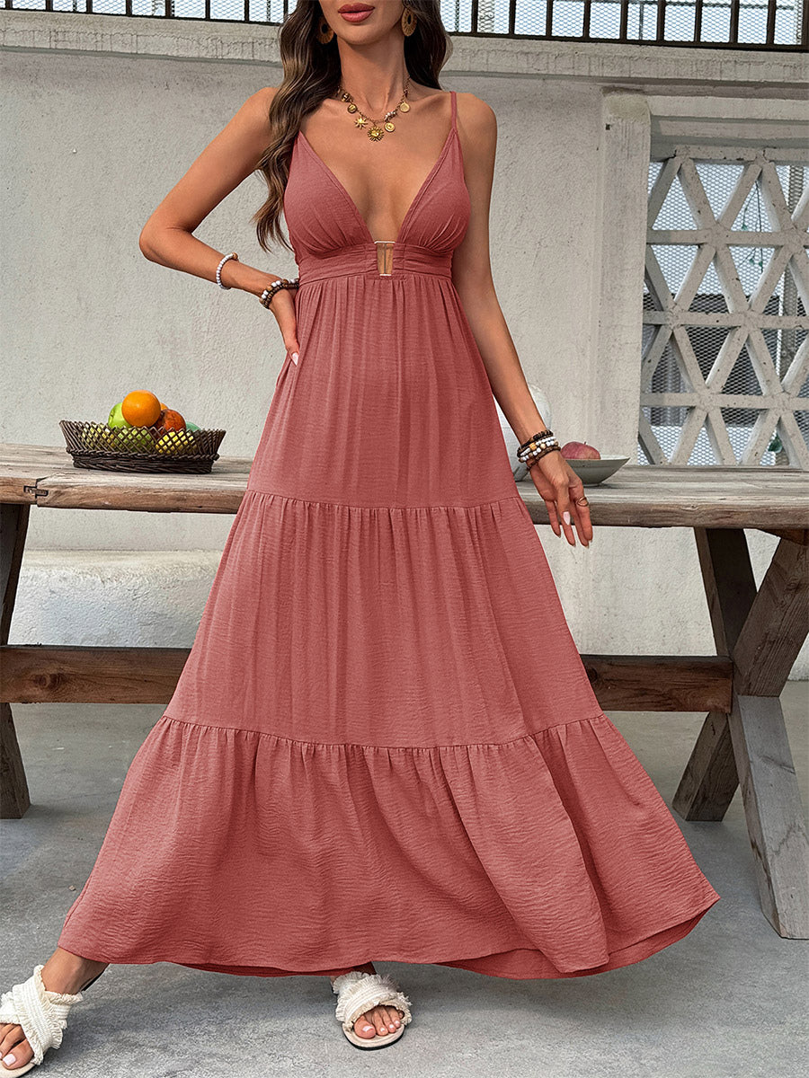 Women's Dusty Rose V Neck Spaghetti Strap Tiered Maxi Dress Sleeveless Flowy Summer Beach Dress