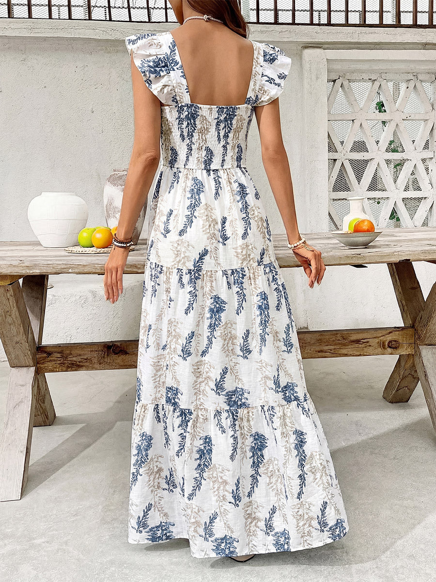 Women's White Blue Leaf Print Square Neck Maxi Dress Smocked Ruffle Sleeve Tiered Casual Summer Dress