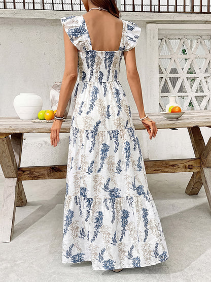 Women's White Blue Leaf Print Square Neck Maxi Dress Smocked Ruffle Sleeve Tiered Casual Summer Dress