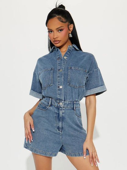 Jumpsuits Deep Blue Turndown Collar Short Sleeves Denim Summer Playsuit