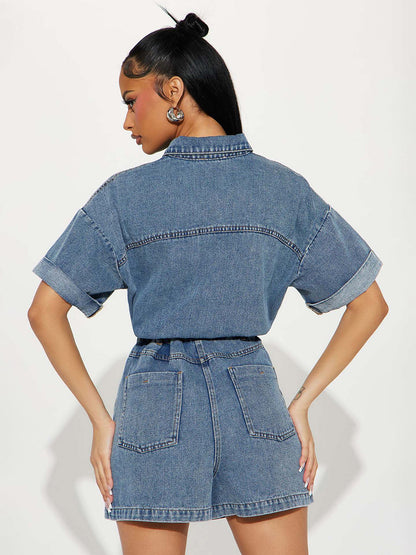 Jumpsuits Deep Blue Turndown Collar Short Sleeves Denim Summer Playsuit