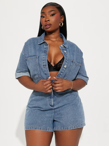 Jumpsuits Deep Blue Turndown Collar Short Sleeves Denim Summer Playsuit
