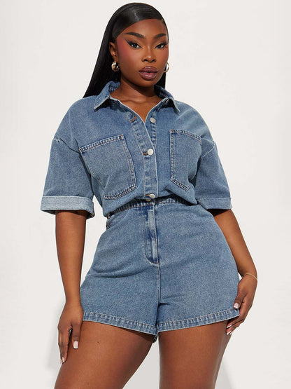 Jumpsuits Deep Blue Turndown Collar Short Sleeves Denim Summer Playsuit