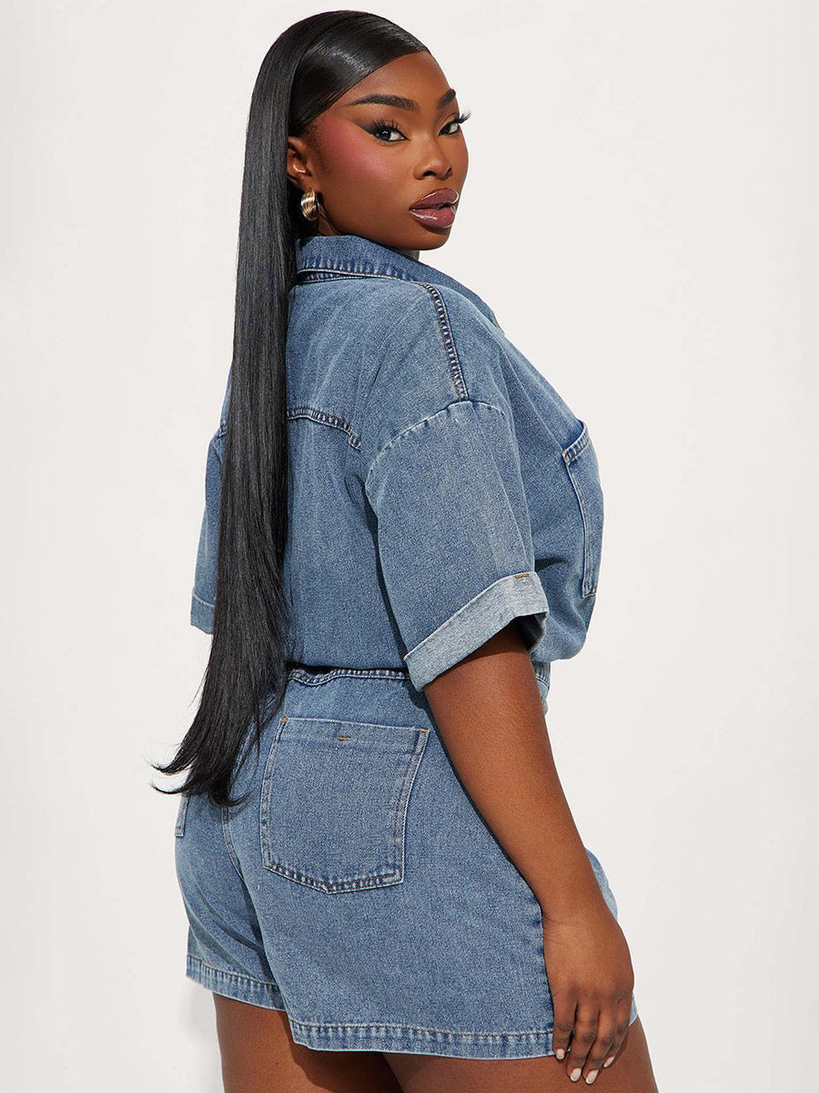 Jumpsuits Deep Blue Turndown Collar Short Sleeves Denim Summer Playsuit