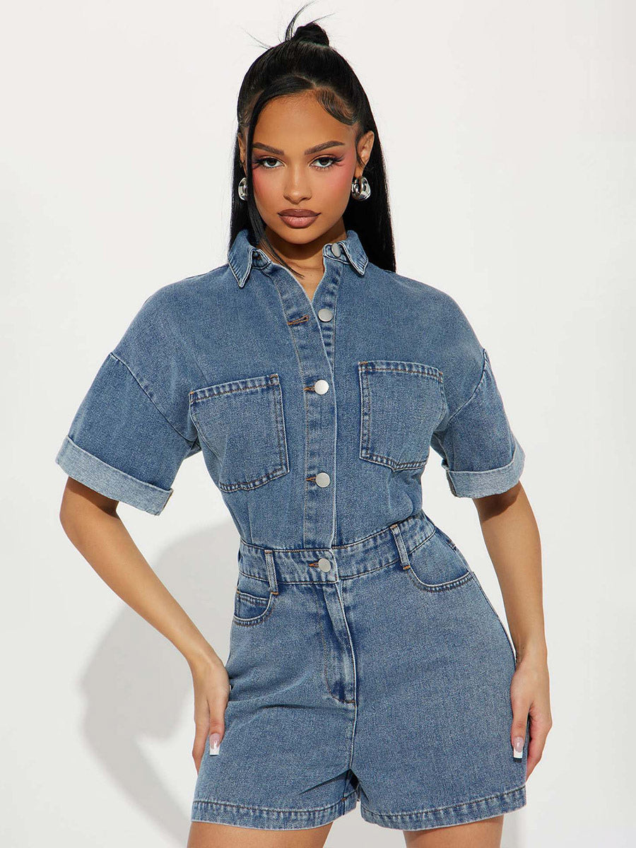 Jumpsuits Deep Blue Turndown Collar Short Sleeves Denim Summer Playsuit