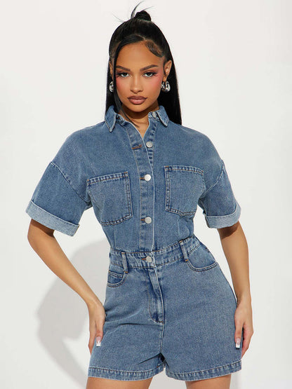 Jumpsuits Deep Blue Turndown Collar Short Sleeves Denim Summer Playsuit