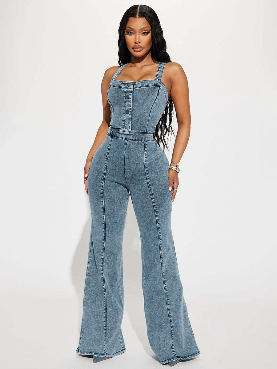 Jumpsuits Blue Straps Neck Sleeveless Denim Flared Summer One Piece Outfit