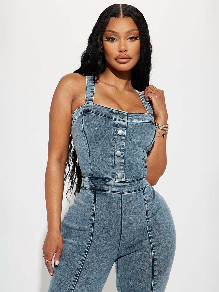 Jumpsuits Blue Straps Neck Sleeveless Denim Flared Summer One Piece Outfit