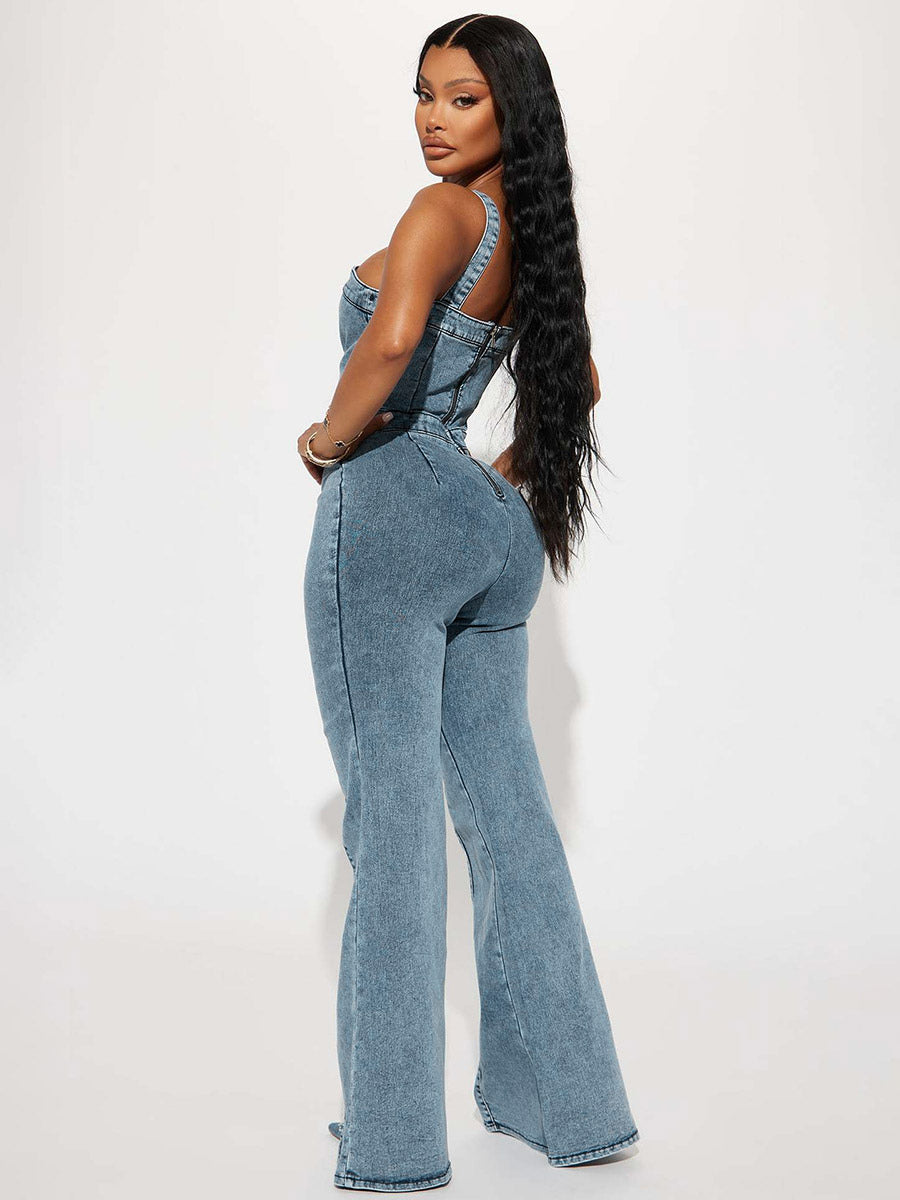 Jumpsuits Blue Straps Neck Sleeveless Denim Flared Summer One Piece Outfit