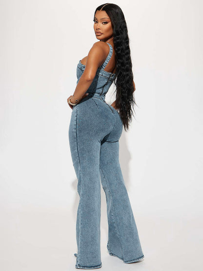 Jumpsuits Blue Straps Neck Sleeveless Denim Flared Summer One Piece Outfit