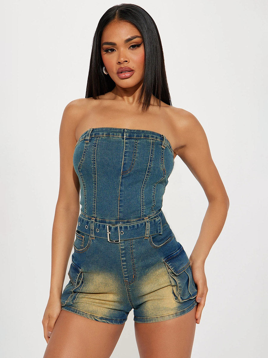 Jumpsuits Blue Strapless Sleeveless Sash Denim Summer Playsuit