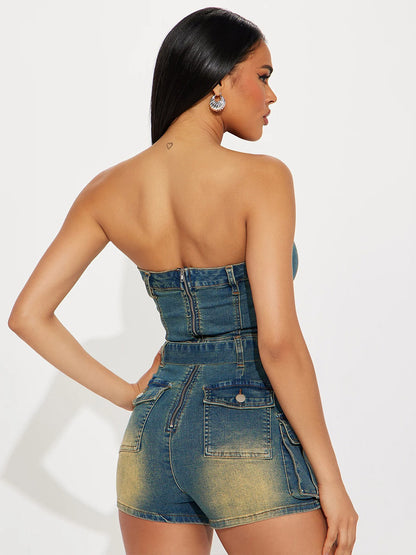 Jumpsuits Blue Strapless Sleeveless Sash Denim Summer Playsuit