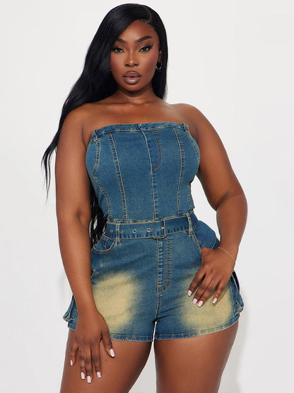 Jumpsuits Blue Strapless Sleeveless Sash Denim Summer Playsuit