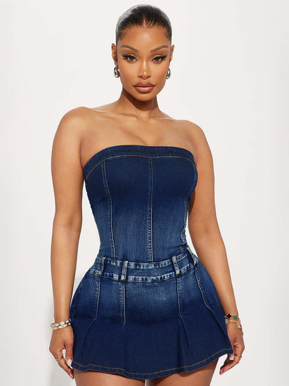 Jumpsuits Deep Blue Strapless Sleeveless Denim Summer Playsuit