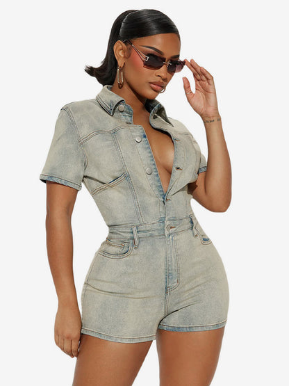 Jumpsuits Light Sky Blue Turndown Collar Short Sleeves Denim Summer One Piece Outfit