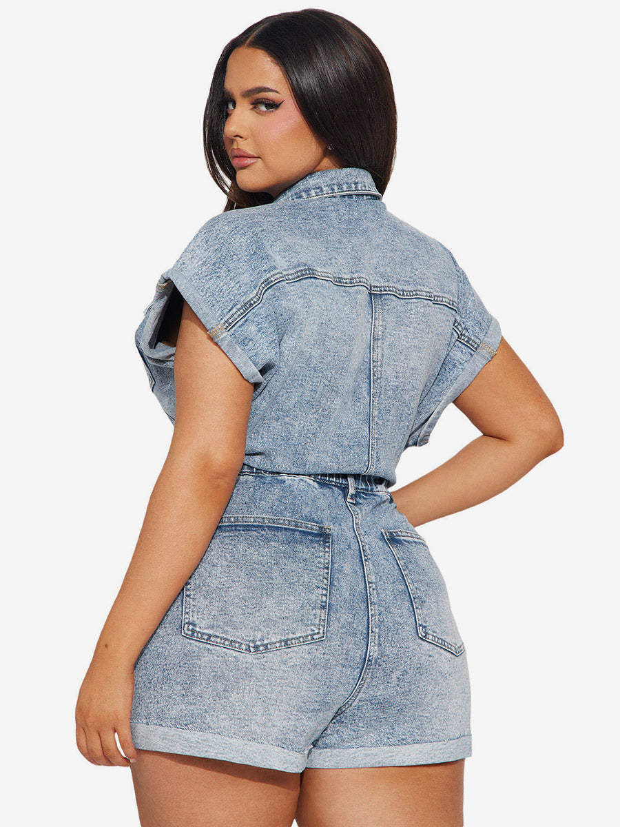 Jumpsuits Light Sky Blue Turndown Collar Short Sleeves Denim Summer Playsuit