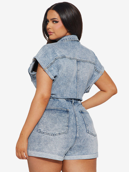 Jumpsuits Light Sky Blue Turndown Collar Short Sleeves Denim Summer Playsuit